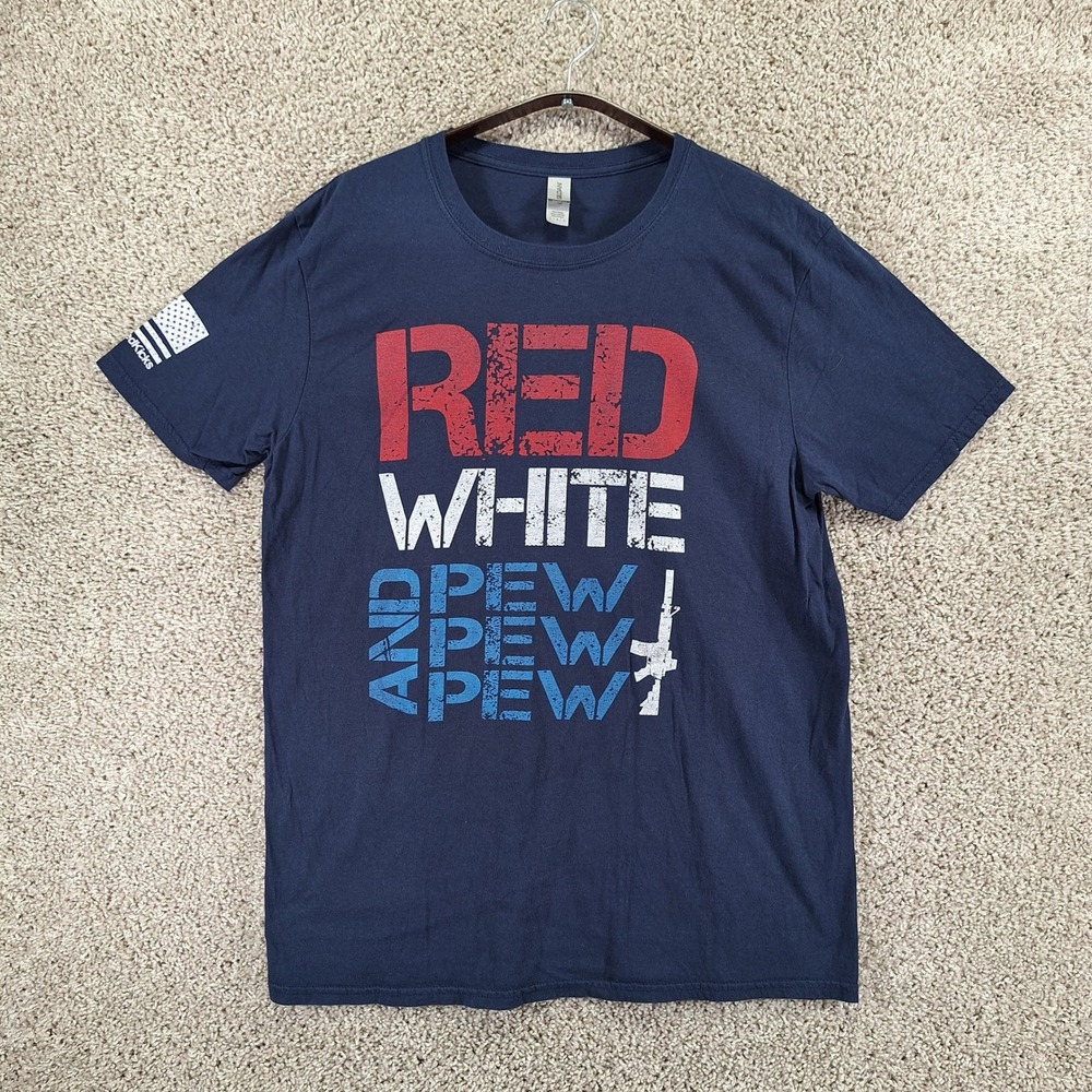 Gildan T-Shirt Men Large Blue Red White And Pew Pew Pew Graphic Tee Patriotic